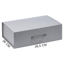 Подарочная коробка, размер 39*26,3*11 см, Solution Prestige Big Case Linen с магнитным клапаном и ручкой , с EVA ложементом 36,8*25,1*4 см под индивидуальную вырубку, серебристая
